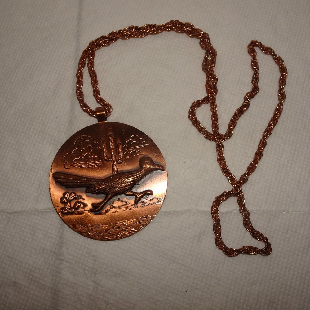 Vtg. Bell Trading Solid Copper Roadrunner Necklace - image 1